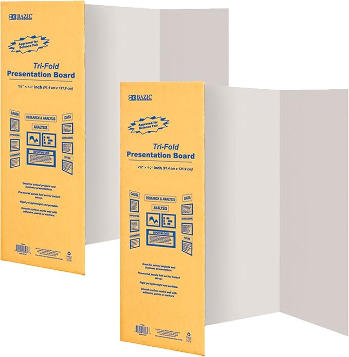 BAZIC Products Trifold Poster Board – White Corrugated Cardboard Display Board for school projects, science fairs, photos, charts, and classroom presentations, 28" x 40", 2-Pack