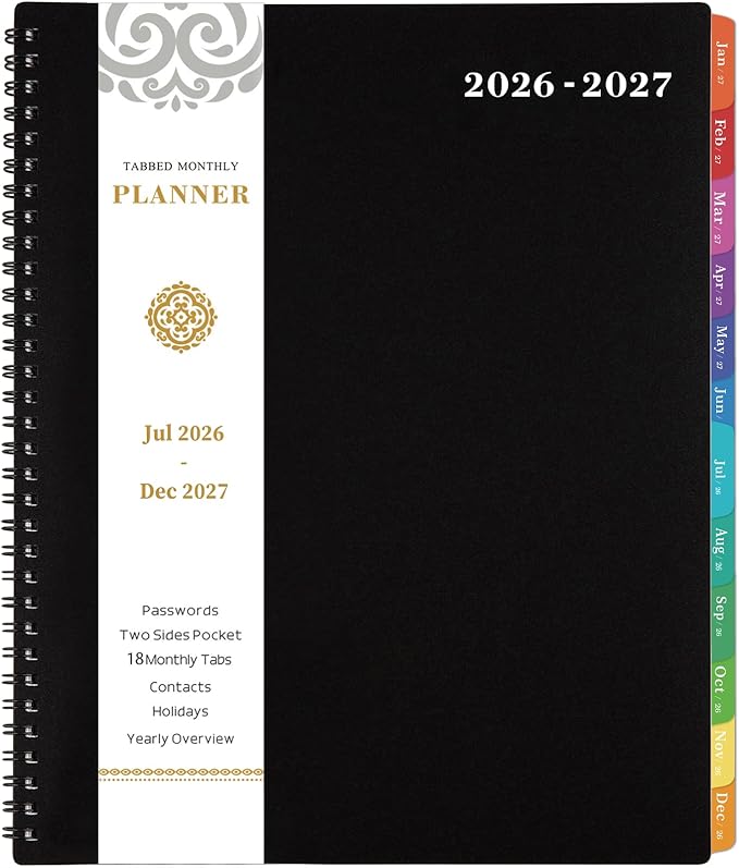 Monthly Planner 2026-2027 - JUL 2026 - DEC 2027 Planner/Calendar,18 Monthly Planner with Contacts & Passwords, 8.5" x 11" Planners 2026-2027, Colorful Tabs, Thick Paper, Black