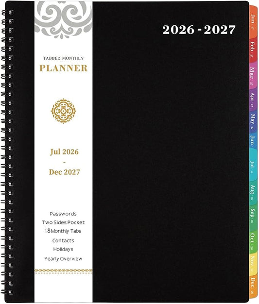 Artfan Monthly Planner 2026-2027, Jul 2026 - Dec 2027 Planner, 18 Month Calendar with Colorful Tabs, Polypropylene Perforated Page, 8.5" x 11", Planner 2026-2027 for Home School Office - Black