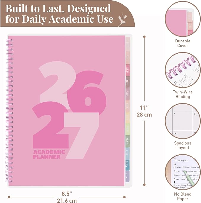 Rileys Academic Planner 2026-2027, Daily, Weekly & Monthly Planner, July 2026 - June 2027, Student Notes Pages, Twin-Wire Binding, Weekly Agenda for School & Work (8.5 x 11-Inches, Chunky, Pink)