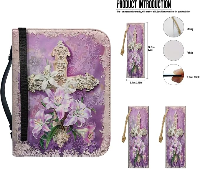 Lotusorchid Cross Lily Bible Cover with 2 Book Marks, Purple 2XL Bible Case and Carrying Bag for Women's Bible Study Accessories