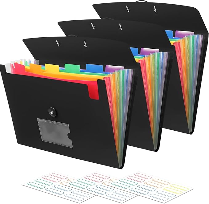 Accordian File Organizer 7 Pocket Expanding File Folder with Labels, Plastic Expandable File Folder for Documents Letter Size A4 Papers - 3-Pack Black