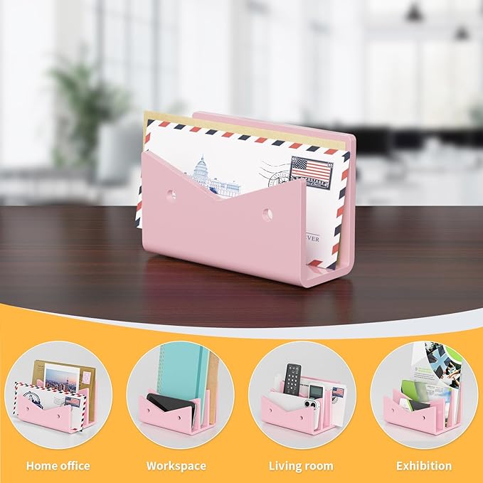 Mail Organizer Envelope Holder - Pink Acrylic Mail Holder Countertop Vertical Desk Organizer Small File Bill Document Notebook Letter Sorter for Home School Office Supplies