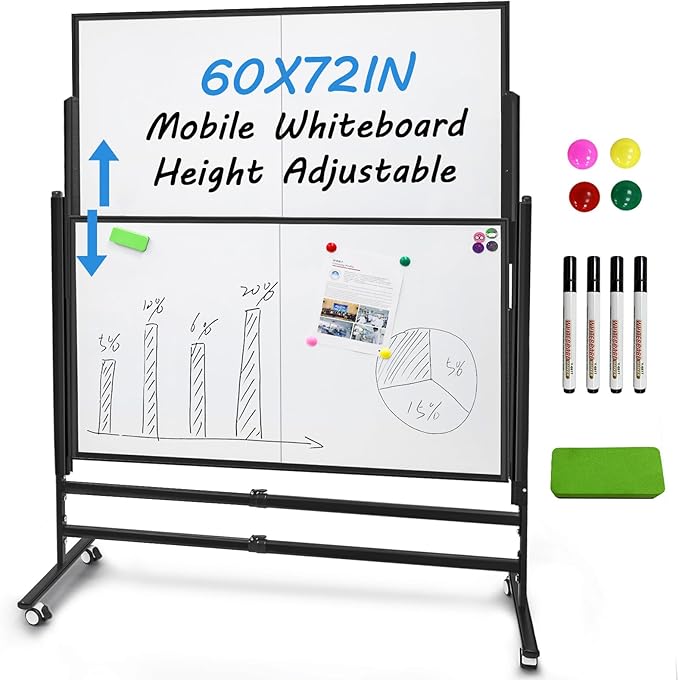 72x60 Inch Large Rolling Dry Erase Whiteboard | Height Adjustable Standing Easel with Wheels | Magnetic Double-Sided Board for Office, Home & Classroom | Teaching Supplies
