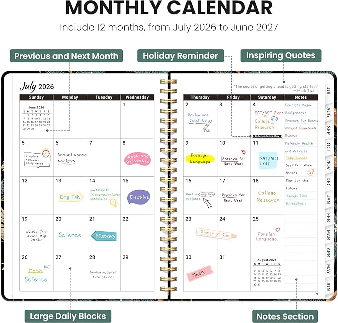 Planner 2026-2027, Monthly and Weekly Academic Planner July 2026 - June 2027, Hardcover Student Teacher Planning Agenda Calendar Book with Tabs, Perfect for Office School Supplies, A5 (6.3" x 8.5") - Crane
