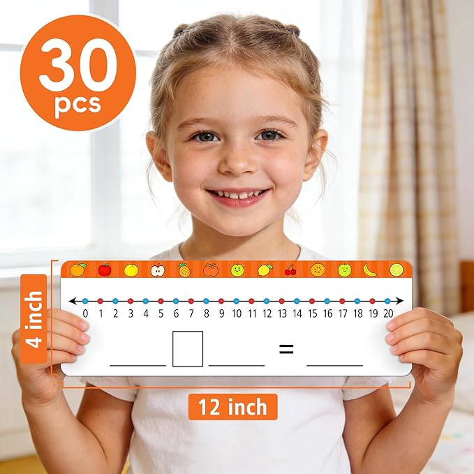 30 Packs Number Line Dry Erase Boards Cards, Double-Sided Writable & Erasable, 0-10 on One Side and 0-20 on the Other Side, Math Learning White Board Tool for Students, Classroom and Home (12” x 4”)