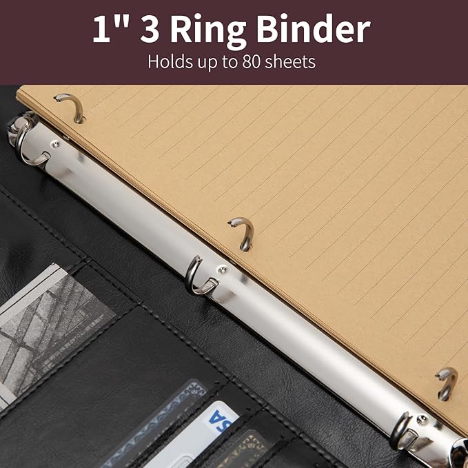 Vegan Leather 3 Ring Binder Portfolio, 8.5 x 14 Legal Size Pad Holder, Hidden Handle, Zippered Padfolio with 15” Laptop Organizer, Professional Business Folio for Men Women, Black