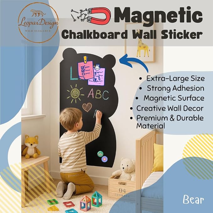 Cartoon-Style Magnetic Wall Chalk Board for Kids - Peel & Stick Magnetic Board for Drawing, Writing & Learning - Chalkboard Wall Sticker for Playrooms, Bedrooms, Classrooms & Homeschool - Bear