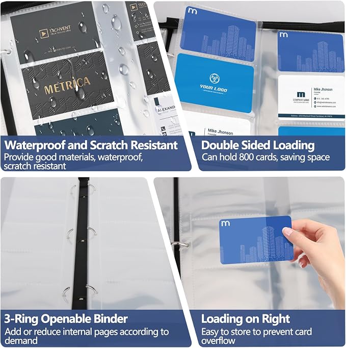 Leather Business Card Book Holder Organizer, Professional Name Card Book Holder with 800 Card Capacity, Portable PU Credit Card Binder File Sleeve Storage for Men Women,40 Pack Sleeves Zipper Closure