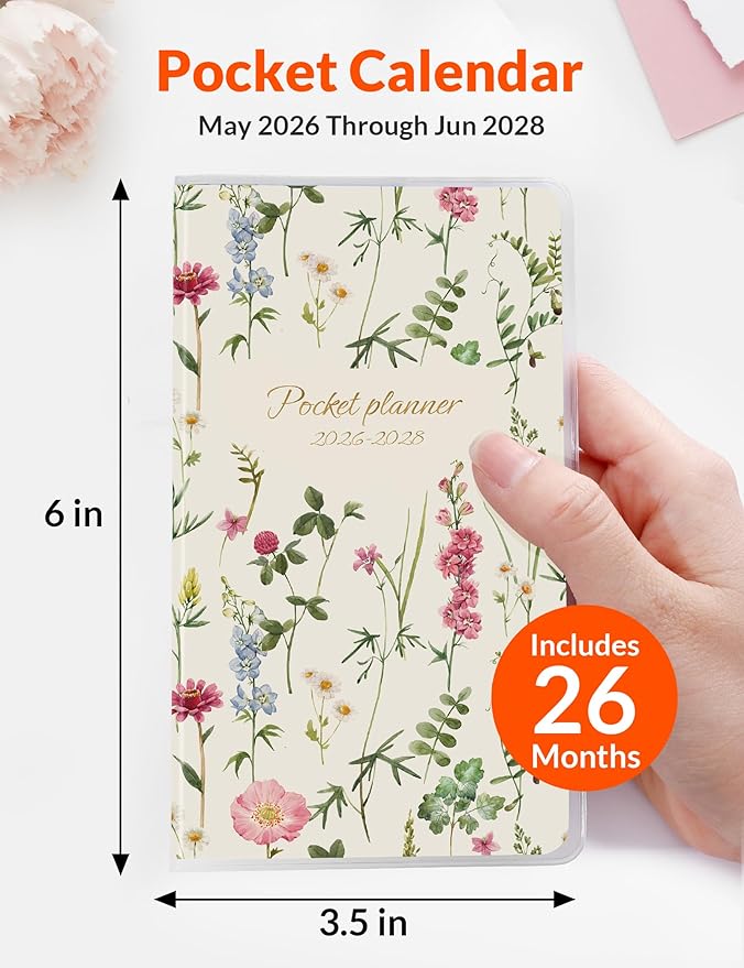 SUNEE Pocket Calendar May 2026 to June 2028 - Two Year Monthly Planner Small Calendar 3.5" x 6" Organizer for Daily & Yearly Schedule - Compact Agenda Notebook for School, Work, Women, Wildflowers
