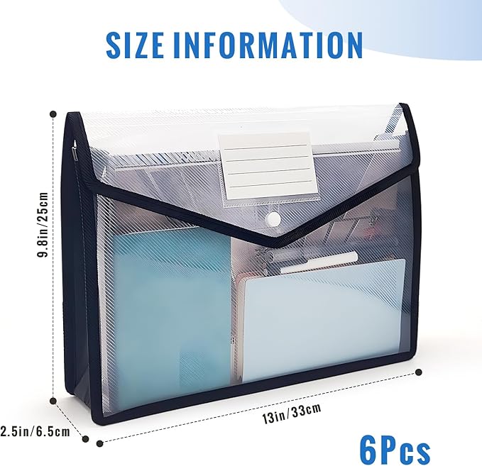Plastic Expanding File Folder,Envelope Folders for Documents, File Folder Organizer Holder with Snap Closure,Waterproof Transparent File Folder,Large Capacity, Fit Letter/A4 Size (Black-6 Pack)