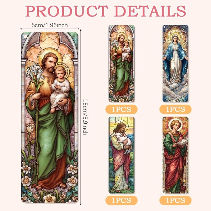 4 Pcs Stained Glass Religious PVC Bookmarks Gifts with Tassels, Catholic Saints Transparent Bookmarks for Reading Women, Christian Prayer Accessories, Bible Gifts for Book Lovers