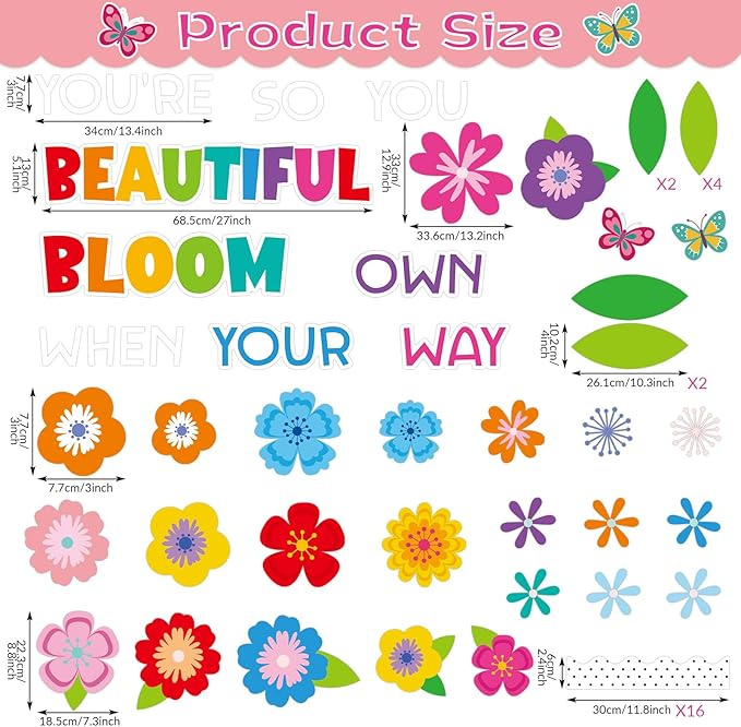 Spring Floral Bulletin Board Bloom Your Own Way Bulletin Board Decorations Inspirational Floral Butterfly Paper Cutouts for Summer School Office Home Nursery Chalkboard Wall Door Supplies