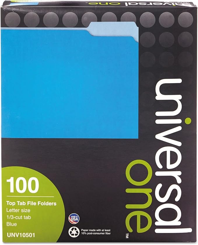 Universal 10501 File Folders, 1/3 Cut One-Ply Top Tab, Letter, Blue/Light Blue (Box of 100)