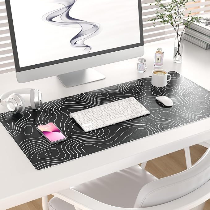 Colorful Star Large Mouse Pad, Black Topographic Desk Mat Office Supplies, Waterproof Faux Leather Big Gaming Mousepad, Black Topography Map Desk Pad Home Office Décor Accessories 31.5" x 15.7"