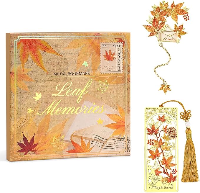 icceemee 2PCS Maple Leaf Theme Bookmark, Cute Bookmark for Women with Hollow-Out Square & Irregular Design, Natural Tassel Book Marks Set in Gift Box, for Book Lovers