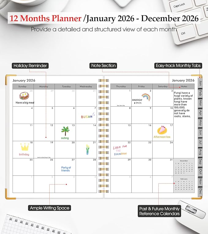 2026 Planner, Weekly and Monthly Calendar Planner from January 2026 - December 2026, 8.5" x 11" Hardcover Leather Hourly Appointment Book with Tabs, Spiral Daily Planners for College School Work Home, White