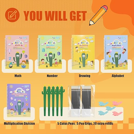 BYFWH Upgraded Large Size Magic Practice Copybook for Kids, Reusable Grooved Handwriting Practice Book for Preschool Kids Age 3-8 Calligraphy with Catus Pens & Storage Bag (5PCS 7.3 * 10.3 inch)