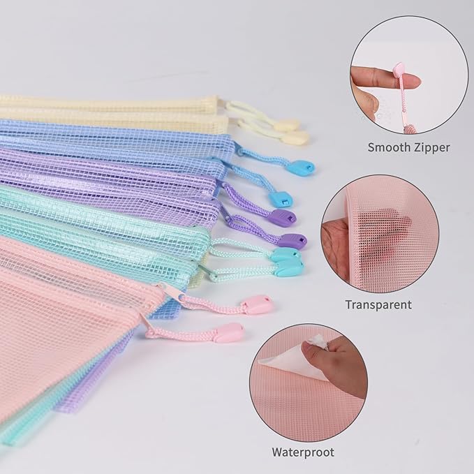 10 Pcs A4 Clear Zipper Pouch Bags - 5 Colors Plastic Mesh Storage Organizers for School Supplies, Office Travel Accessories & Classroom Organization (A4)