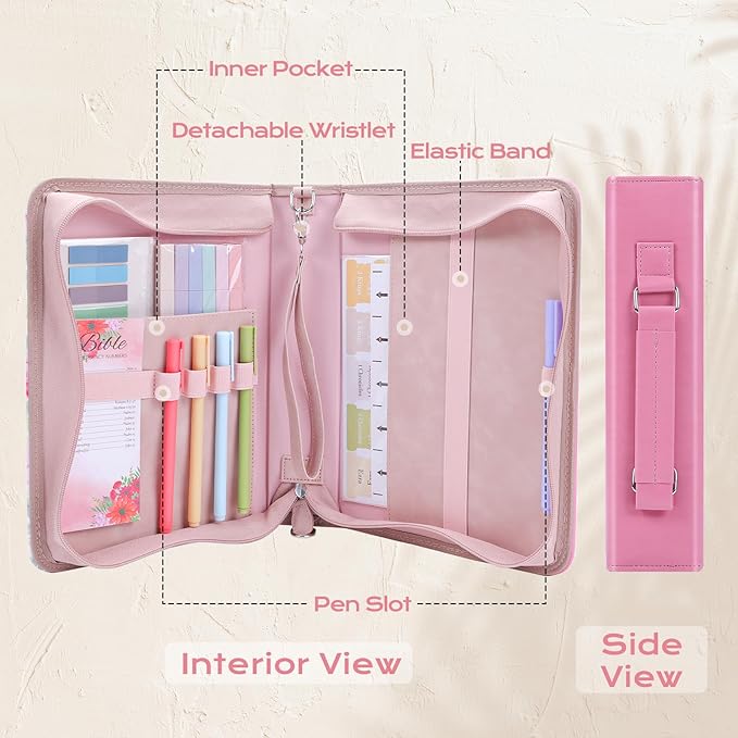 XKDOUS Bible Cover Case Leather Bible Bags with Handle, Tabs, Pens, Study Supplies Organizer Pink Carrying Book Case Large Church Book Holder Christmas Gifts for Women Lady