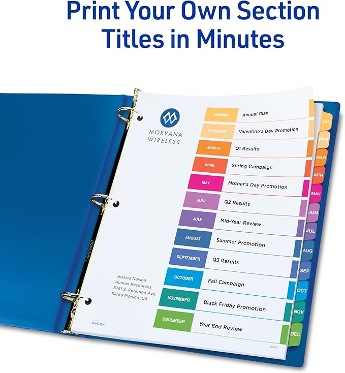 Avery Jan-Dec Dividers for 3 Ring Binders, 12 Tabs per Set, Customizable Table of Contents, Multicolor Tabs, Great for Organizing Reports, Projects, and More (6 Sets of 11830)