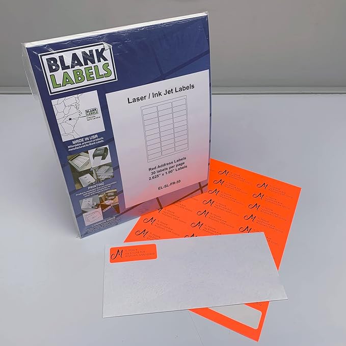 Blanks Labels Fluorescent Safety Red FBA & Mailing Labels from Blank Labels - 2-5/8" x 1" (2.625 x 1) - 30 Labels Per Sheet