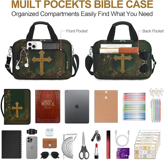 Boho Floral Bible Cover Case for Women, Large Bible Bag Bible Study Supplies Journaling Kit & Highlighters Tabs Pens Cross Clips, Book Carrying Cases w/Shoulder Strap Pocket Christian Gift