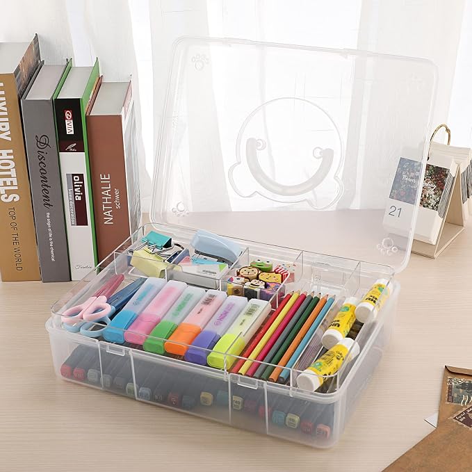 BTSKY 2-Tier Cute Bear Storage Box with Removable Divided Tray Portable Clear Plastic Art Craft Supply Organizer Stackable Home Office Supplies Storage Container for Pens Notes A4 papers etc (Clear)