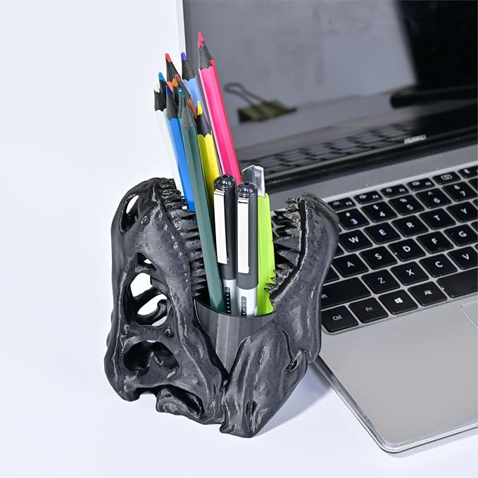 Dinosaur Pen Holder, Dinosaur Skull Figurine Pencil Holder for Office Desk Decor, Funny Easter Gifts for Men Boys Room Decor, Cool Black T-Rex Desktop Organizer