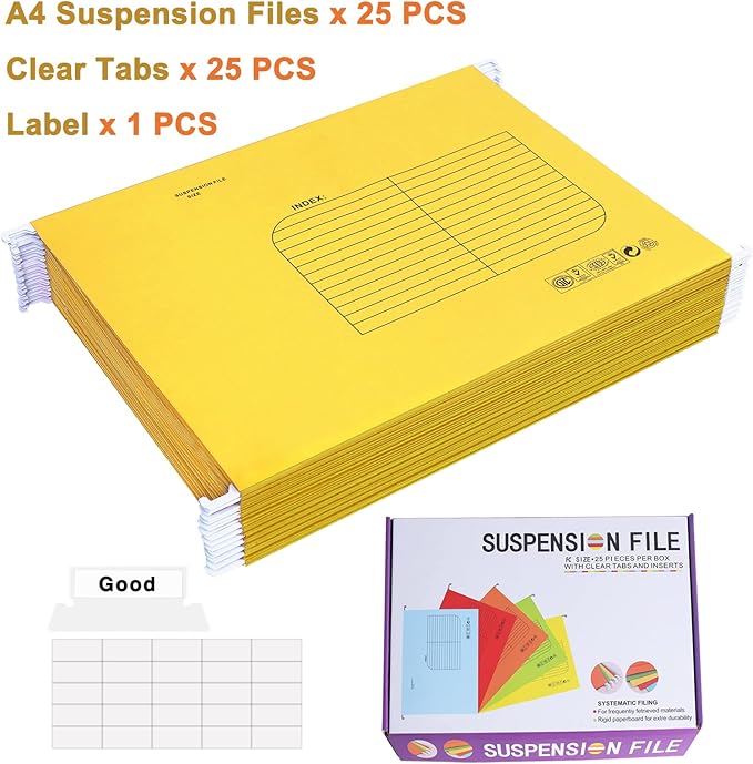 Hanging File Folder, A4 Suspension Files Holder, Hang Folder, Filing Cabinet Suspension File with Tab and Label for School Home Office, Yellow, 25 Pack