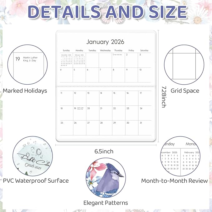 Pocket Calendar 2025-2027, Small Pocket Planner 2026 for Purse, Monthly Planner with Pvc Cover, Small Size (3.5" x 6"), From July 2025 - December 2027 - Bird