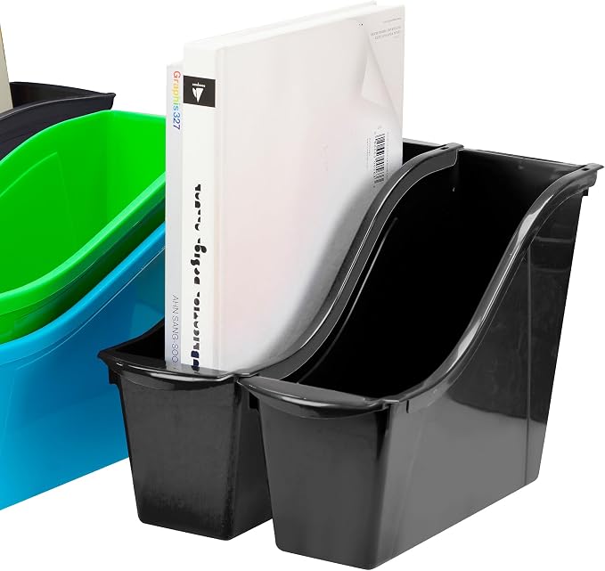 Storex Small Book Bin - Interlocking Plastic Organizer for Home, Office, and Work Space - Black, 6-Pack (70123C06C)