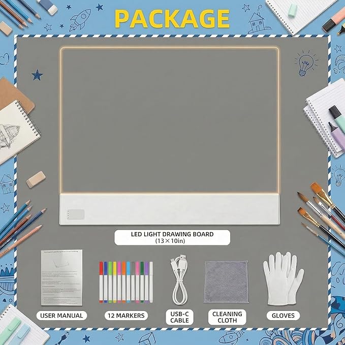 LED Drawing Board with Highlighters, 13.18"X10" Doodle Glow Drawing Board with 3 Modes & 5 Colors, 12 Colored Pen Neon Light Up Writing Tablet Gifts for Kids, Girls, Birthday, Mom Gifts (12 Pen)