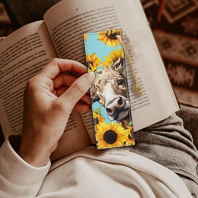 2 Pack Leather Cow Sunflower Bookmark Bookmarks for Teachers, Students, Book Lovers Pocket Kitten Fun Book Marks for Reading Cool Bookmarks, Adults Kids