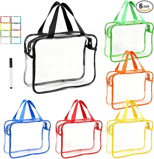 6 PCS Clear Storage Bags with Labels, Reusable PVC Bags with Zipper Travel Organizer Bag for Storage