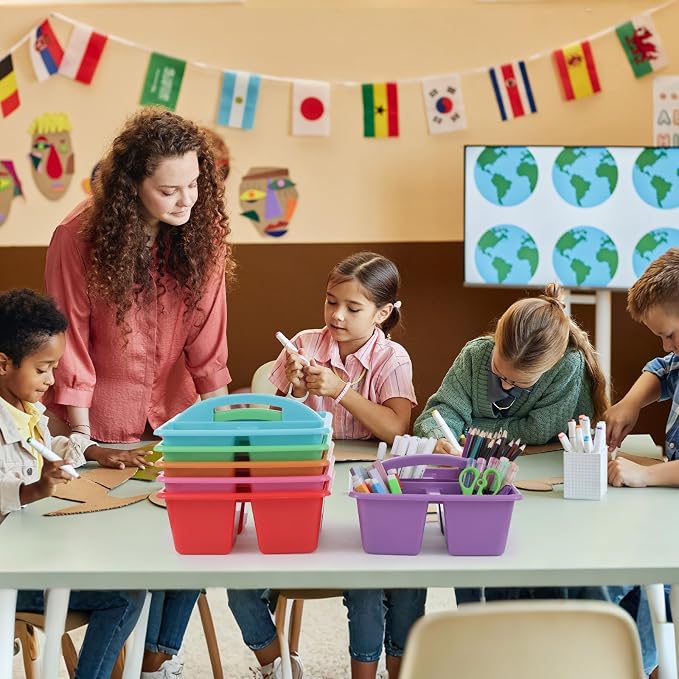 6 Pack Assorted Colors Classrooms Caddy 4 Compartment Classroom Caddy Compartment Caddies Set Table Caddies Classrooms with Handle for Classroom Organization Table Desk Office Supplies(Rainbow)