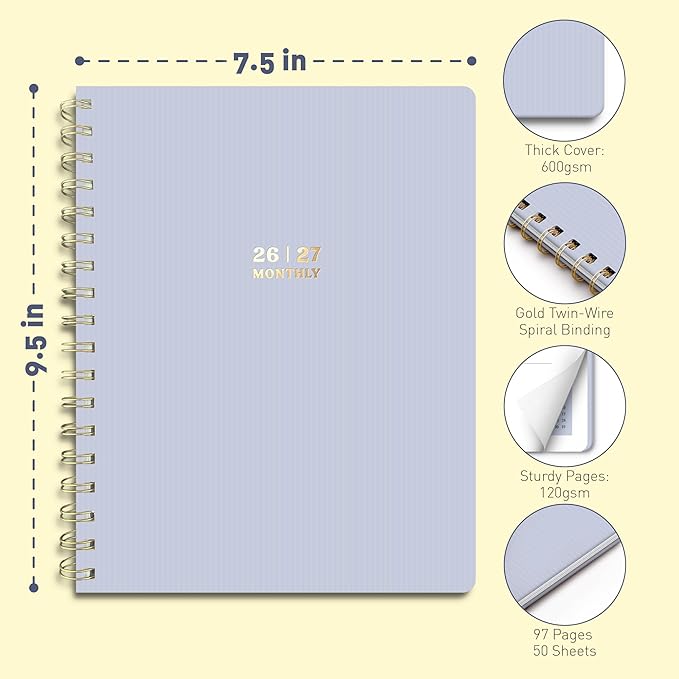 Sweetzer & Orange 2026-2027 Monthly Planner Notebook – 7.5" x 9.5" Two-Year Calendar Planner – January 2026 to December 2027 – Clean Monthly Layout, Sturdy 120gsm Paper, Gold Spiral Binding