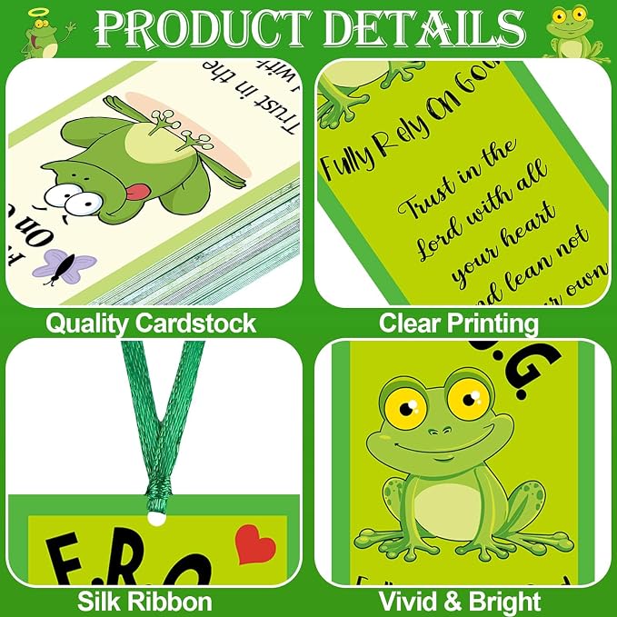 60 Pcs Fully Rely On God Frog Bookmarks Proverbs 3: 5 F.R.O.G. Christian Bible Verse Bookmark Gift Religious Inspirational Bookmark for Church Sunday School VBS(Fully Rely on God)