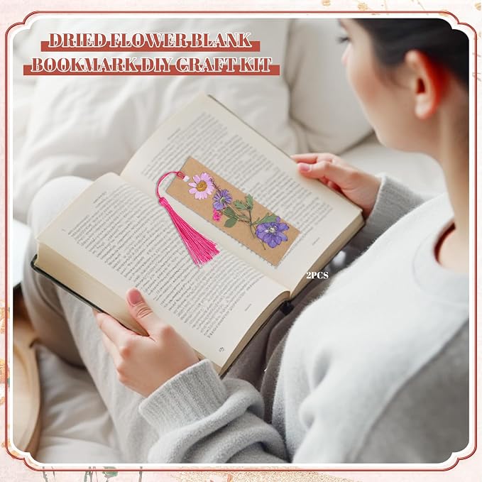 60 Pcs Kraft Paper Blank Bookmarks, DIY Pressed Flower Craft Bookmarks Set, Dried Floral Book Mark Making Kit, with 40 Pcs Pressed Flowers, 30 Pcs Tassels, 1 Roll Ribbon, 1 Roll Twine, 1 Pcs Tweezers