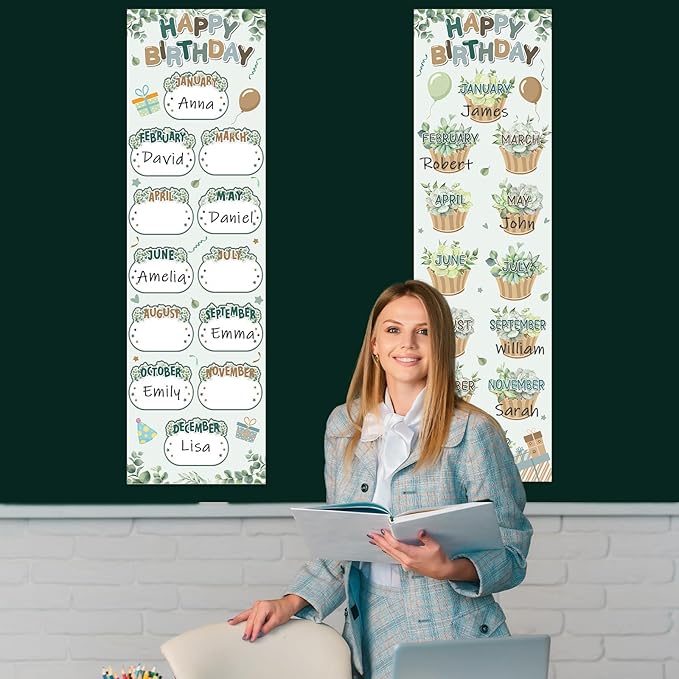 Greenery Eucalyptus Happy Birthday Poster Chart Calendars Bulletin Board Decorations Sage Green Birthday Classroom Wall Door Decor for Bulletin Boards Nursery Home Kindergarten Back to School Supplies