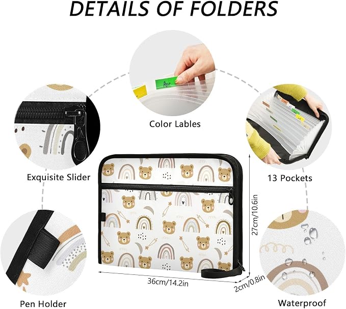 Cartoon Bear and Rainbow File Folders, Plastic Folders with 13 Pockets, Expandable File Folder for Documents School Students Office, Aesthetic Folder with Labels A4 Letter Size