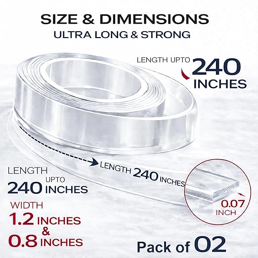 Double Sided Tape Heavy Duty 2 Rolls – 240" x 1.2" & 0.8" Clear Removable Nano Mounting Tape for Poster, Carpet, Picture Hanging, Wall, Rug & DIY – Strong Adhesive Multipurpose Mounting Tape 20 Feet
