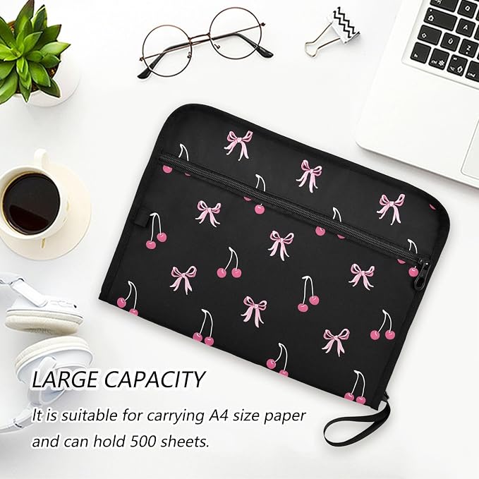Expanding File Folder Black Pink Bow Cherry Accordion File Organizer 13 Pockets Document Organizer with Zipper Labels A4 Letter Office Storage