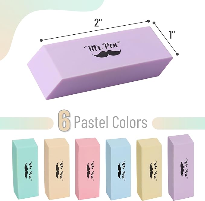 Mr. Pen- Pencil Eraser, 12 Pack, Pastel Colors, Large Latex Free Block Erasers for School, Office, Art Sketching, Homework, Exams, Clean Smudge-Free Correction