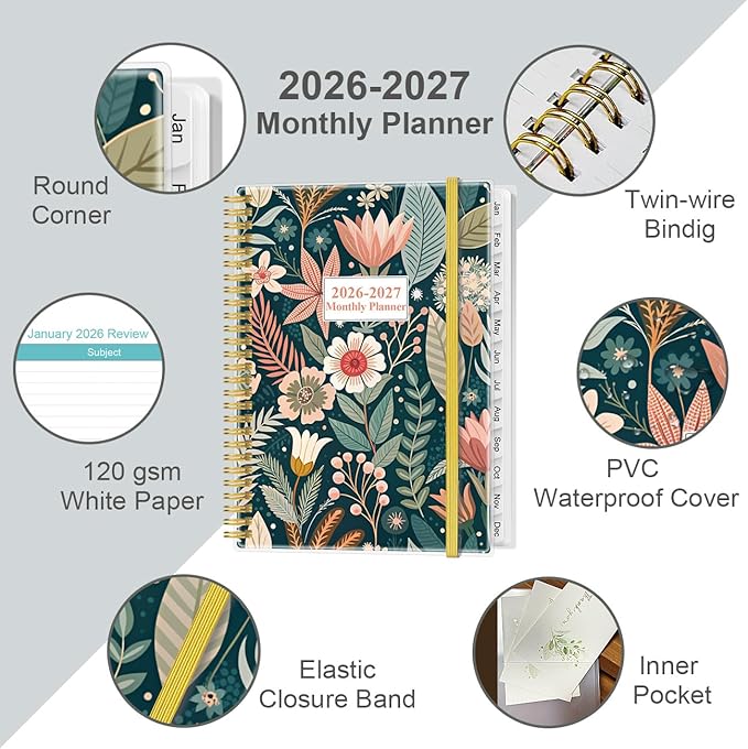 2026-2027 Monthly Planner - 18 Monthly Calendar, January 2026 - June 2027, Two Pages Per Month, 9" x11" Planner with Tabs, Strong Twin-Wire Binding, Inner Pocket, Flower-C