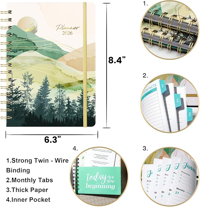 2026 Planner - 2026 Planner Weekly and Monthly from JAN. 2026 - DEC. 2026, 6.4" x 8.5", 2026 Calendar with Monthly Tabs, Sturdy Cover, Premium Paper, Strong Twin-wire, Back Pocket, Elastic Closure