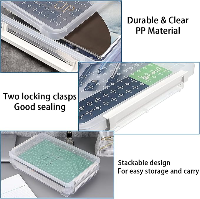 BTSKY 4 Pack A4 Plus Clear Plastic Stackable Storage Box Desk Paper Magazine Container with Buckle, Office Supplies Accessories File Protector Case Organizer, Portable Project Case Document Holders