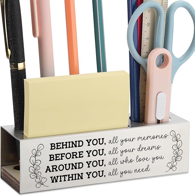 Motivational Pencil Holder Desk Organizer with Inspirational Message, Stainless Steel Office Caddy for Women Men, Laser Engraved Quote Gift for Teacher Coworker Friend, Positive Decor - FBA401