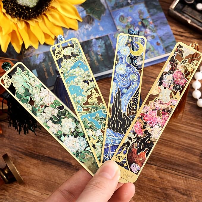 icceemee 4 Pieces of Gold Hollow Bookmarks with Tassels, Featuring Van Gogh and Monet Oil Painting Themes Perfect for Book Lovers, Writers, Readers, Children, Teenagers, Men, Women, and Adults