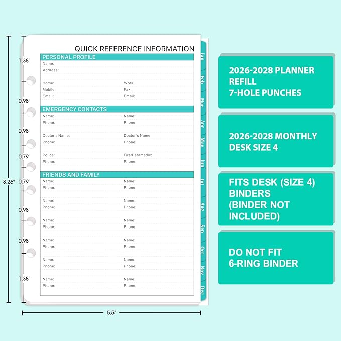 2026-2028 Monthly Planner Refill - A5 Planner Inserts with 7-Hole Punched for 7-Ring Binder, 5-1/2" x 8-1/2", 2 Year Monthly Calendar with Tabs, July 2026 to June 2028